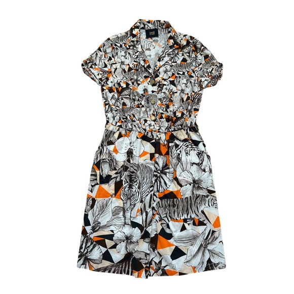 Roberto Cavalli animal print floral button up collard shortsleeve midi dress